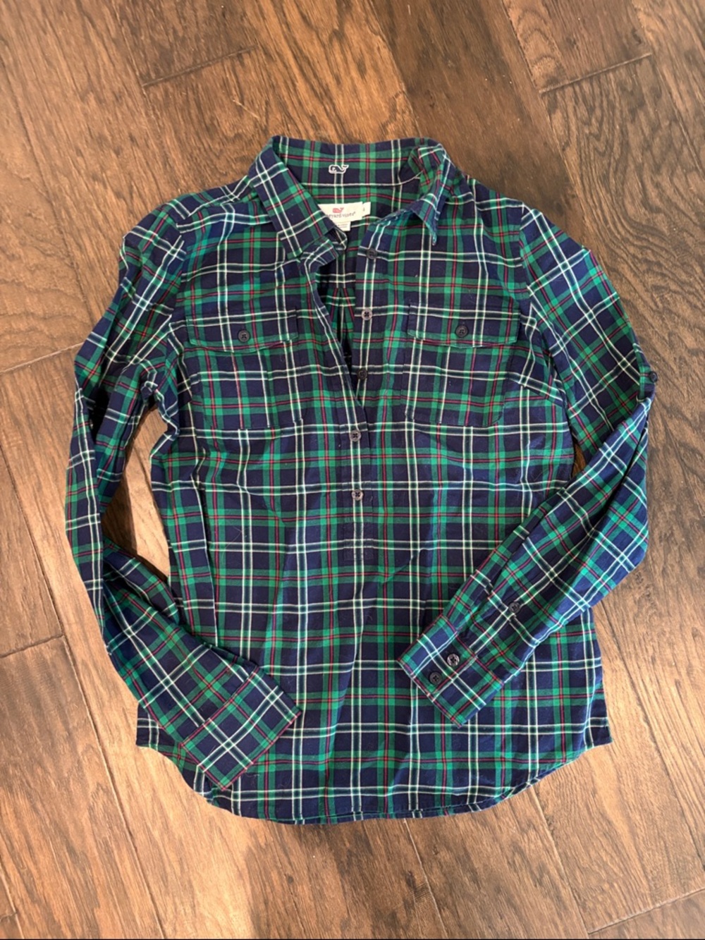 Vineyard Vines Navy and Green Plaid Shirt
